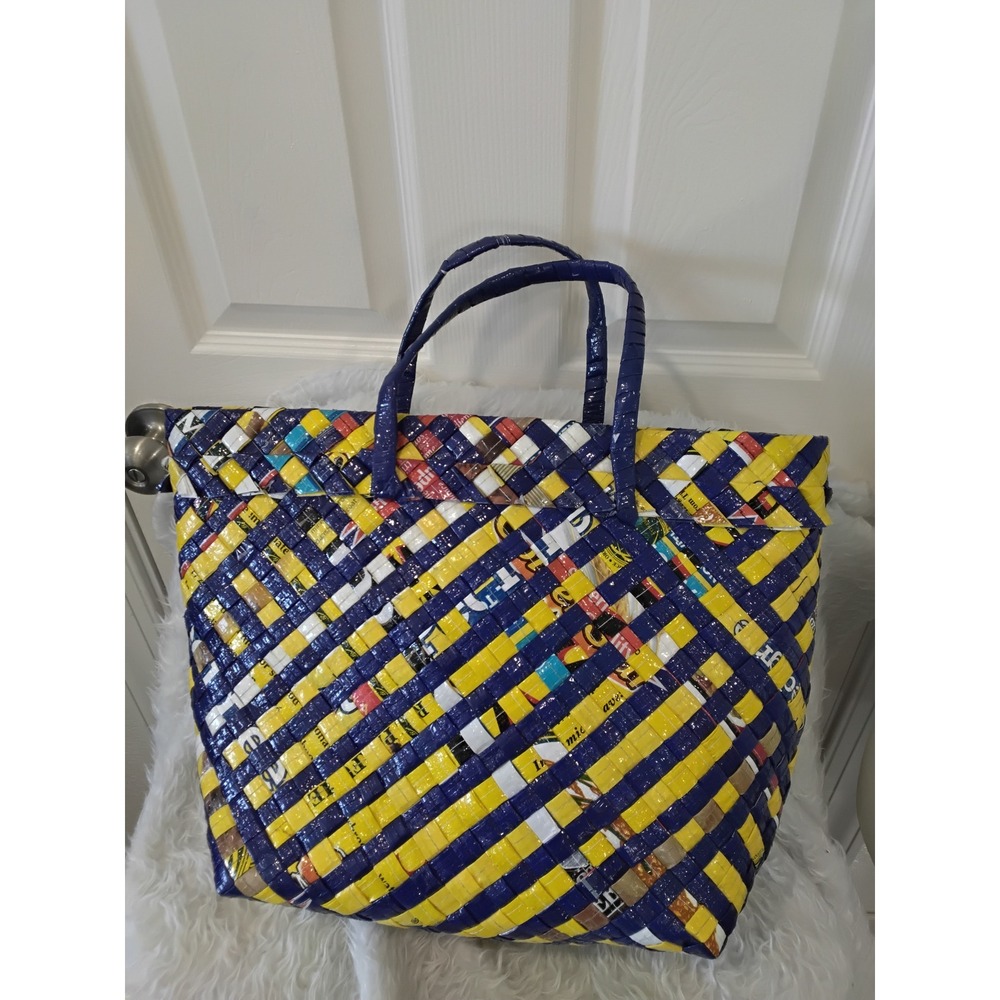 Recycled Woven Wrapper Tote Bag Yellow‎ Blue Handcrafted Eco Friendly Shopper